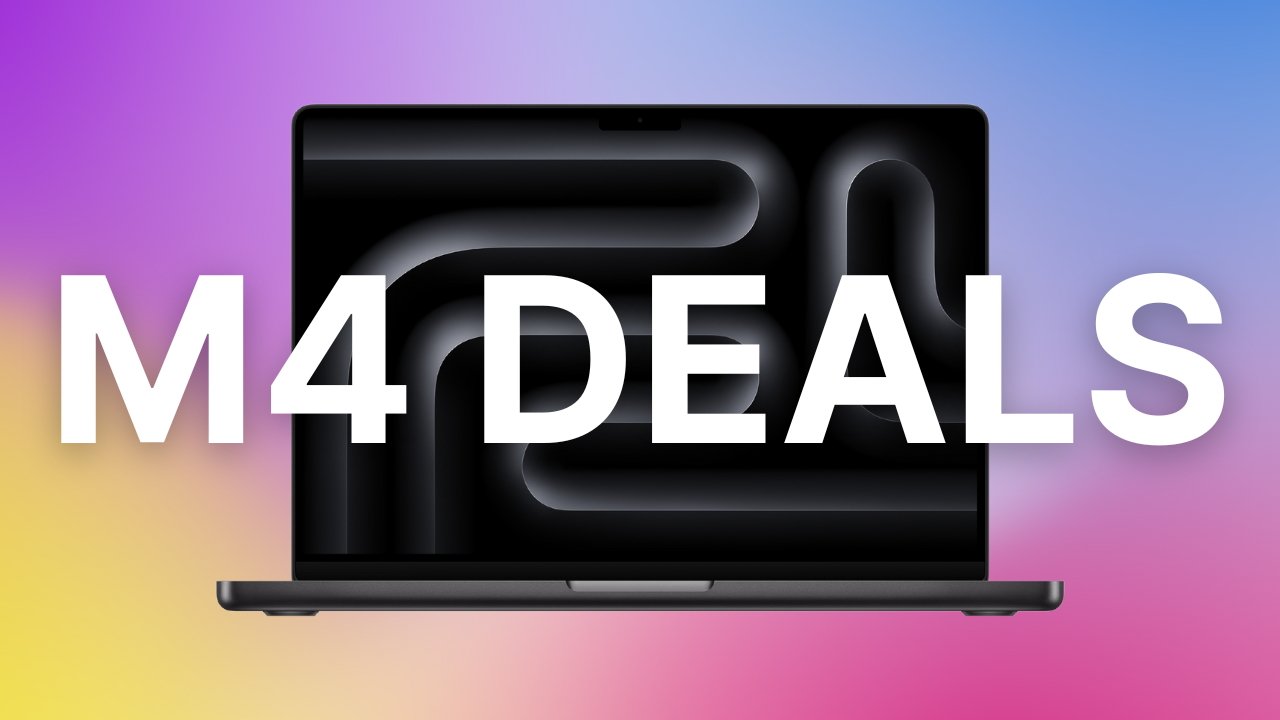 MacBook Pro laptop with abstract screen design over gradient background, bold white text M4 DEALS in foreground.